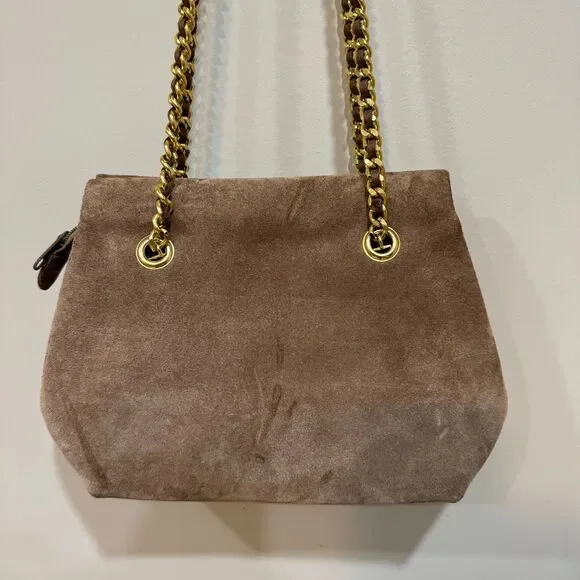 Taupe Suede Shoulder Bag with Gold Chain Strap Classic Purse - Picture 4 of 10